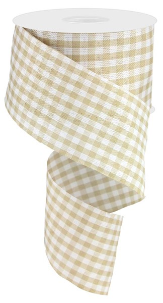 2.5-inch wide tan and white gingham patterned polyester ribbon on a spool.