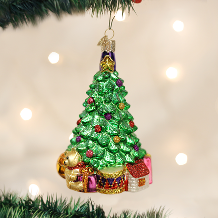 Red glass Christmas tree ornament with gold glitter snowflake design