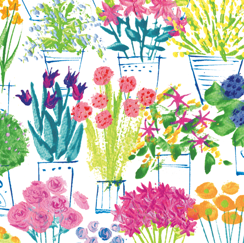Packaged cocktail napkins with a flower market print on triple-ply tissue.