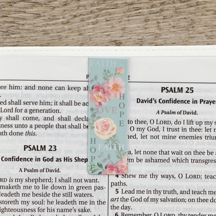 Set of rectangular vintage-style magnetic bookmarks featuring a Faith Hope Love pattern.