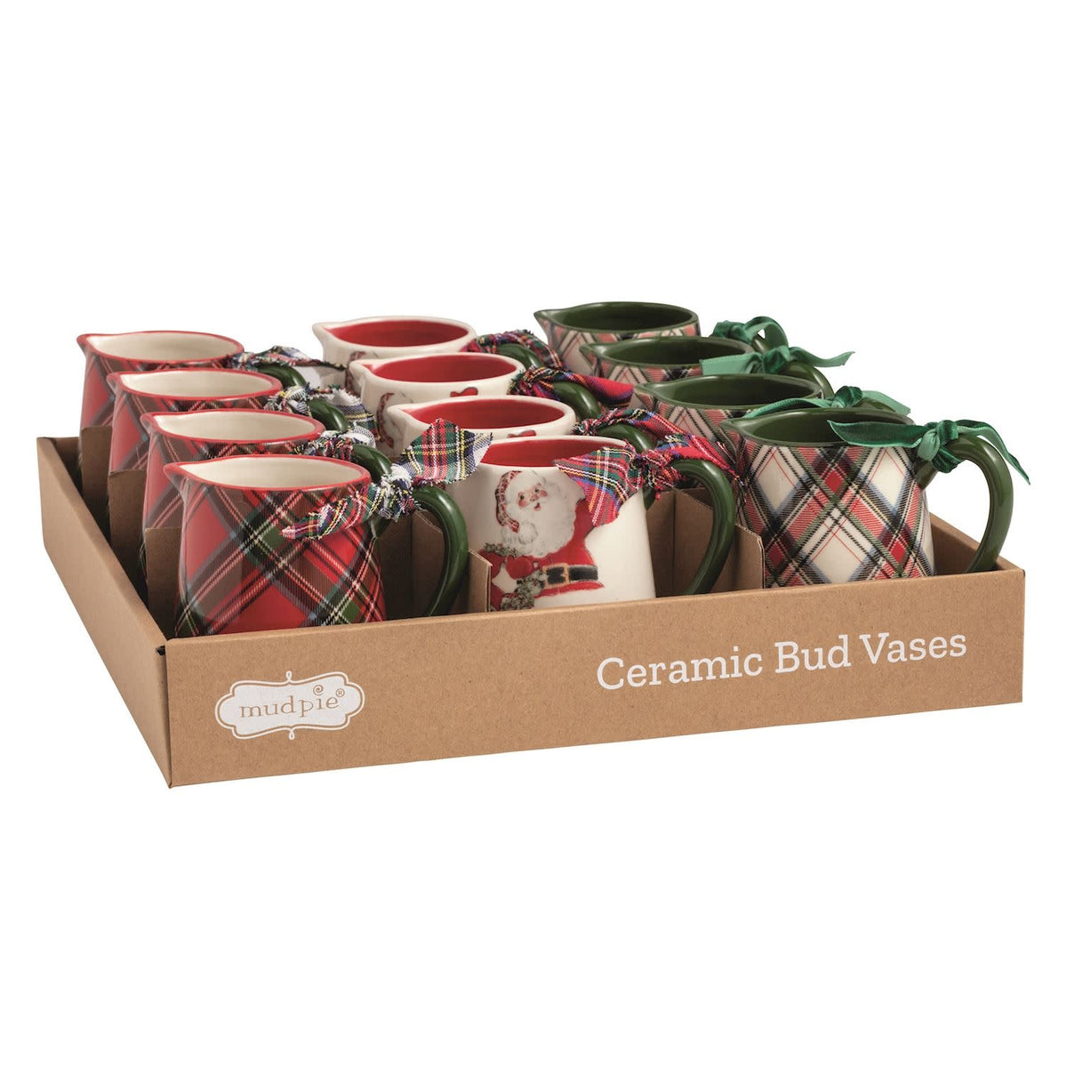 Tartan Bud Vase: stoneware pitcher with hand-painted rim and handle in a tartan pattern.