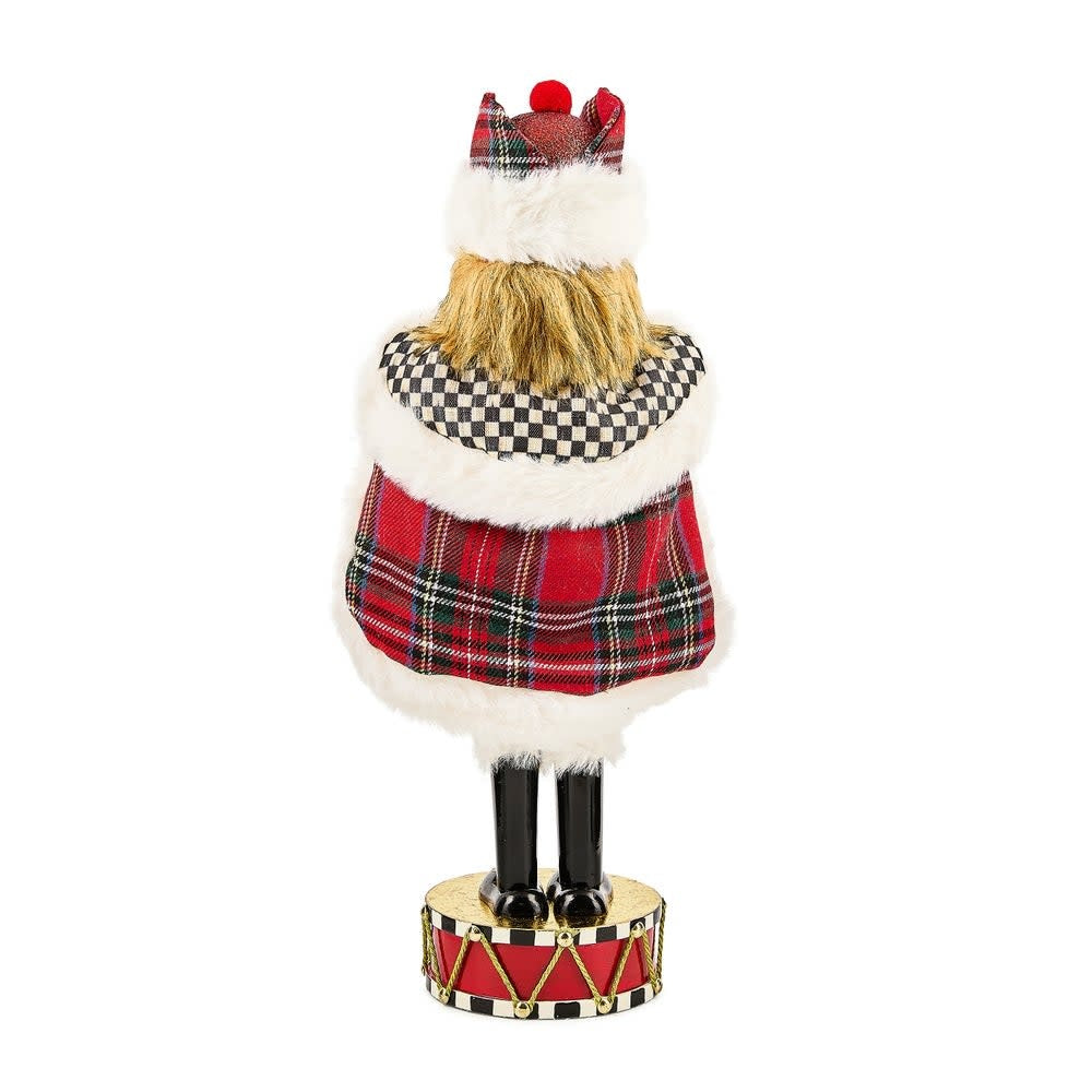Wooden nutcracker featuring a cardinal in red tartan plaid with gold accents and black hat.