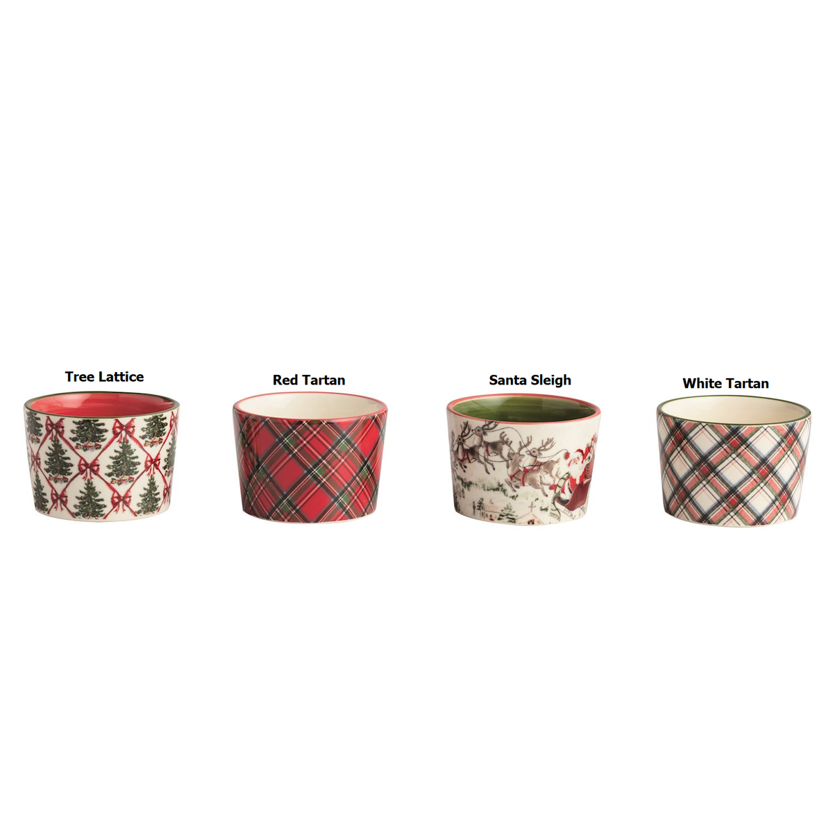 Small stoneware tartan Christmas tidbit dish with hand-painted rim on kraft displayer