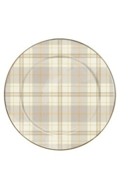 Round tartan latte charger plate with hand-glazed steel body, bronzed stainless rim, and geometric pattern.