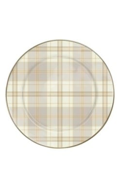 Tartan Latte dinner plate with hand-applied transfers on steel body and bronzed stainless steel rim.