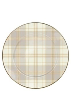 Hand-glazed steel tartan latte salad plate with bronzed stainless steel rim