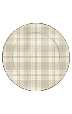 Round tartan latte serving platter with hand-glazed steel base and bronzed stainless steel rim.