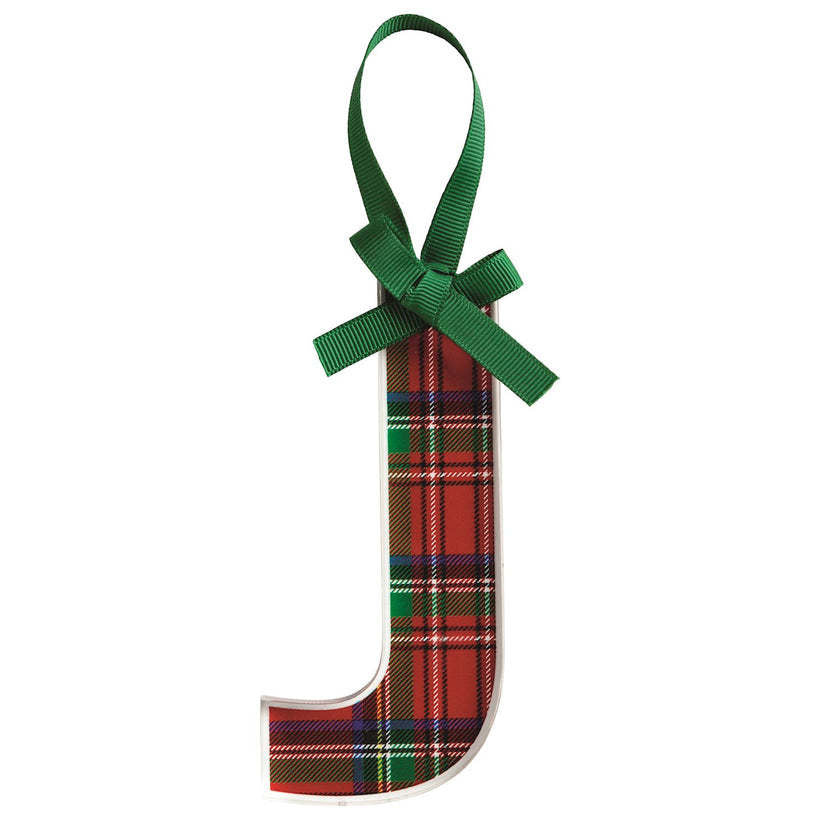 Acrylic tartan letter ornament with grosgrain ribbon hanger