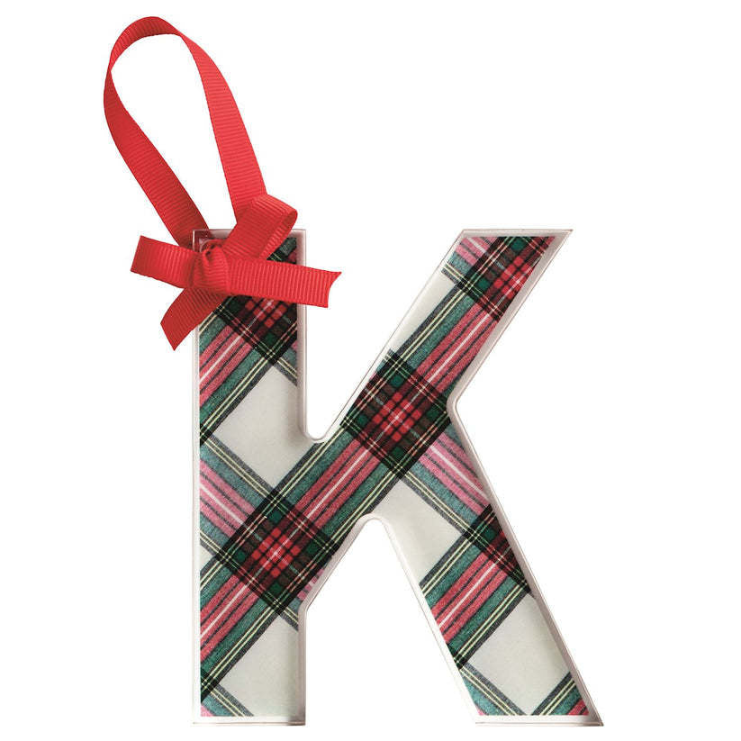 Acrylic tartan letter ornament with grosgrain ribbon hanger