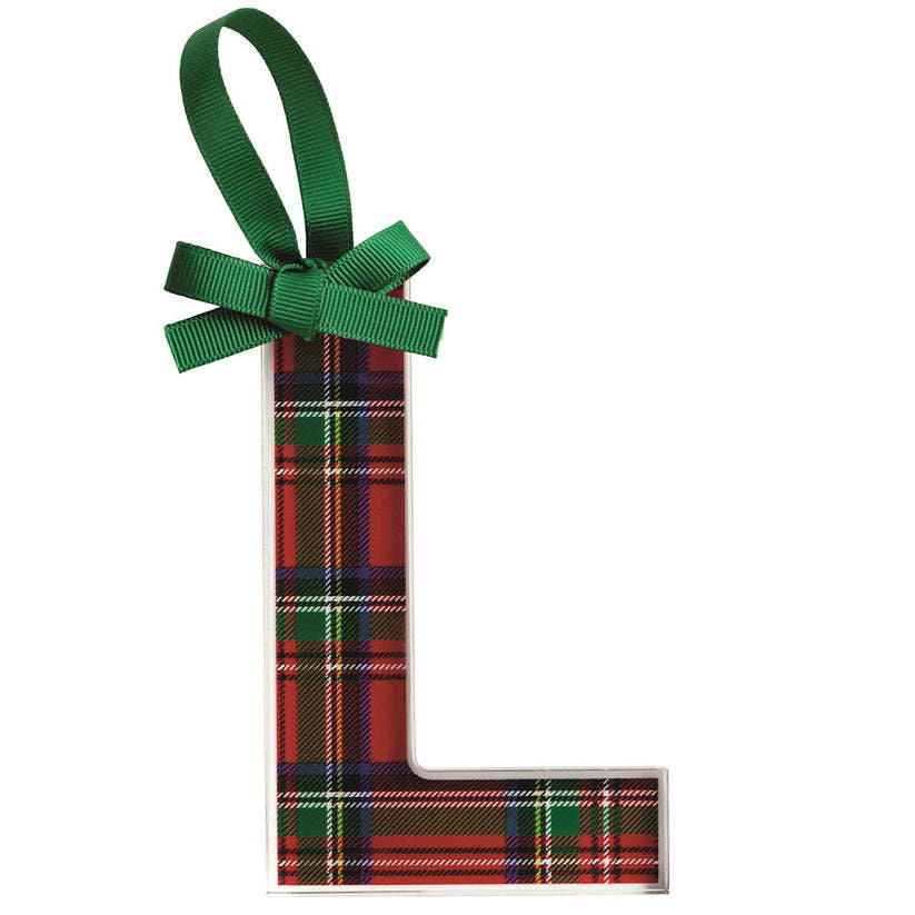 Acrylic tartan letter ornament with grosgrain ribbon hanger