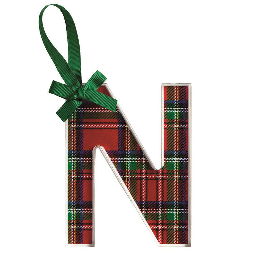 Acrylic tartan letter ornament with grosgrain ribbon hanger