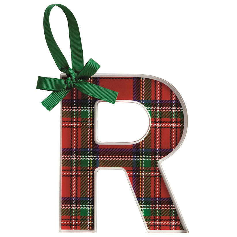 Acrylic tartan letter ornament with grosgrain ribbon hanger