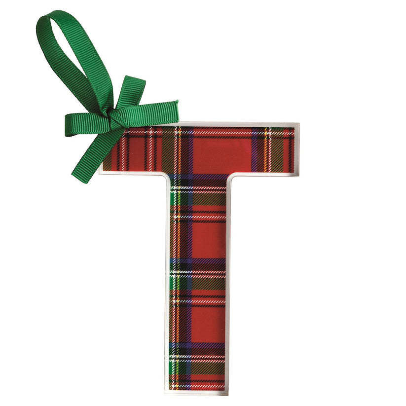 Acrylic tartan letter ornament with grosgrain ribbon hanger