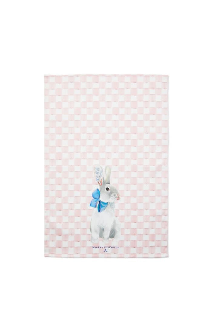 White cotton dish towel with a black tattoo-style bunny graphic.