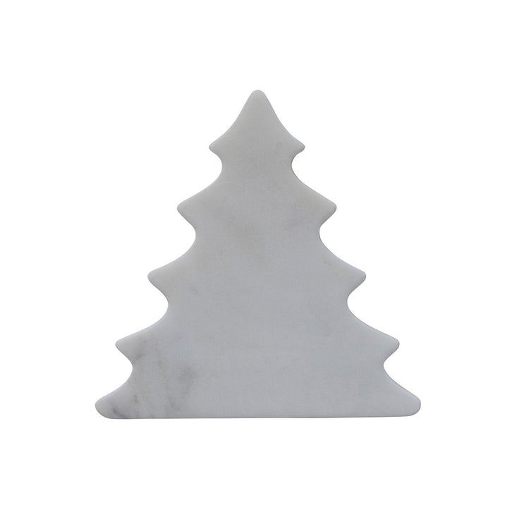 White marble trivet or serving board in the shape of a stylized Christmas tree.