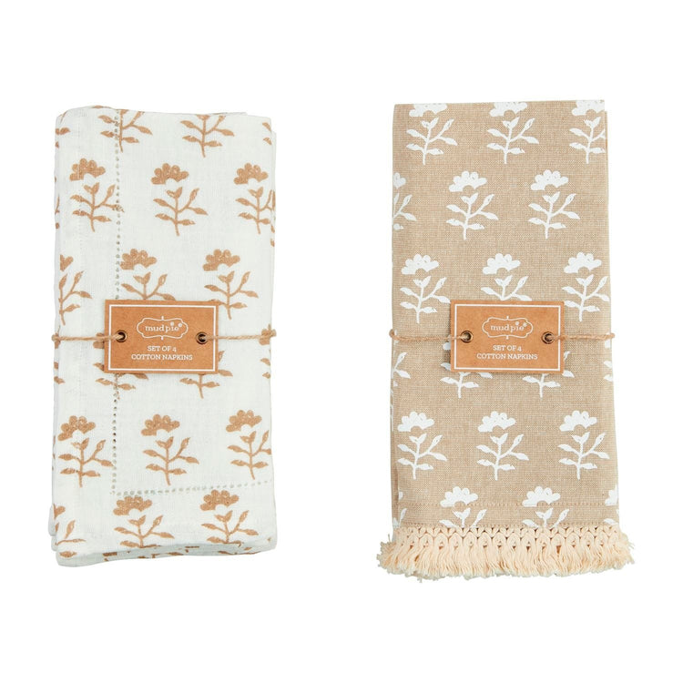 Taupe block print cotton napkin with hemstitching detail