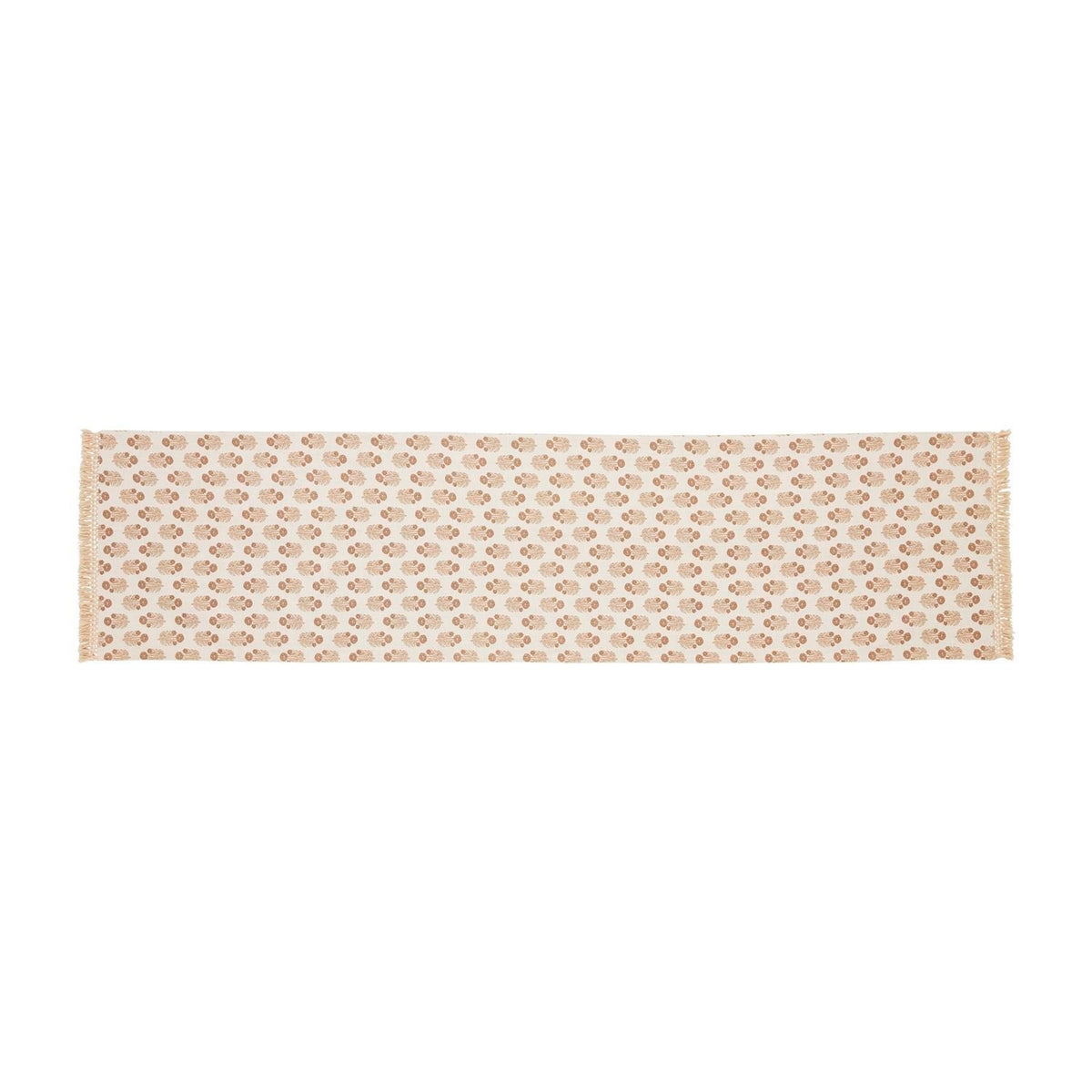 Taupe cotton table runner with block print pattern and fringe trim ends.