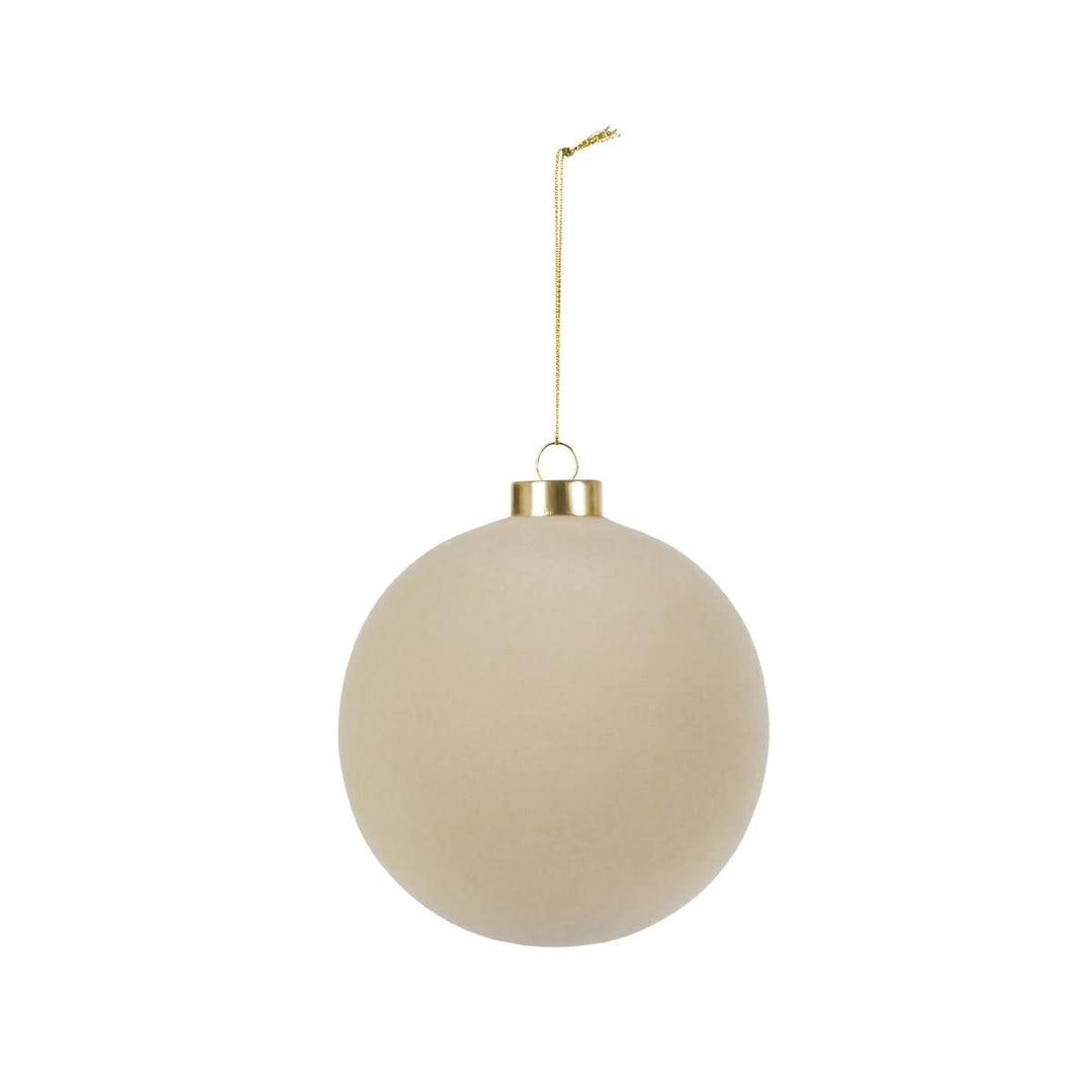 Taupe flocked glass ornament with a round shape.