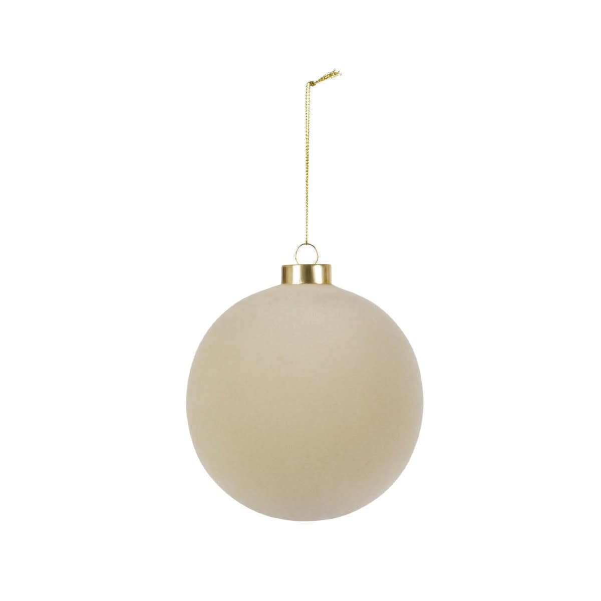 Taupe flocked glass ornament with a round shape.