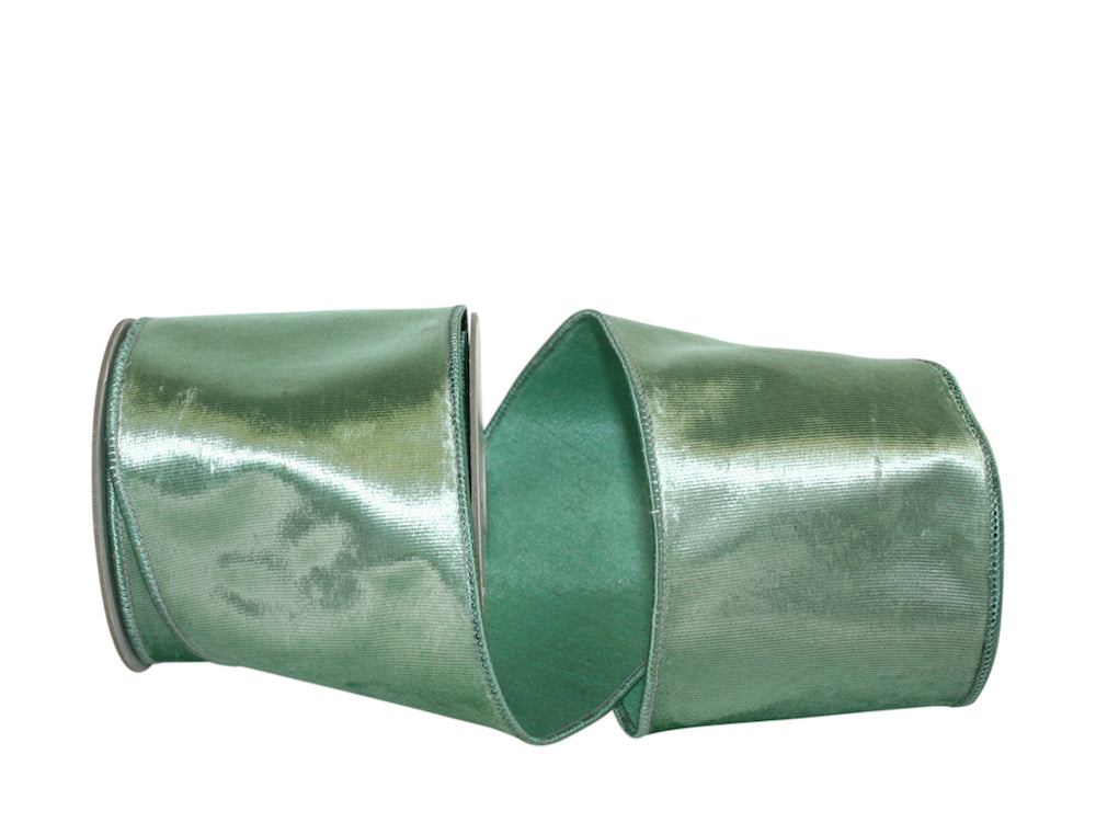 Four-inch wired-edge ribbon with shimmery velvet texture in a festive color.
