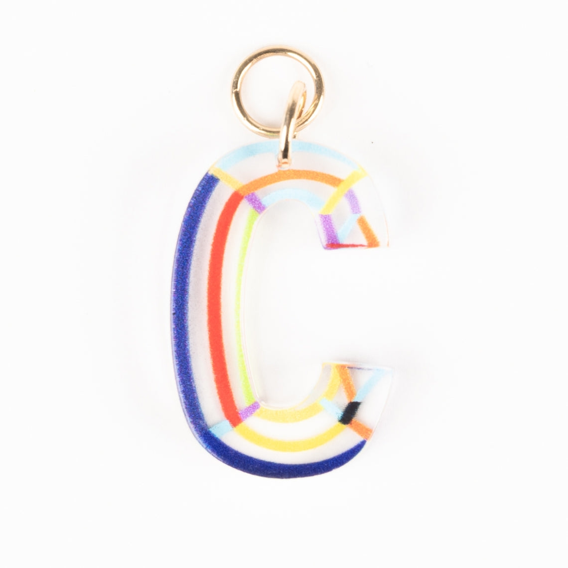Marlow Initial Bag Charm featuring a clear acrylic letter C with colorful rainbow stripes.