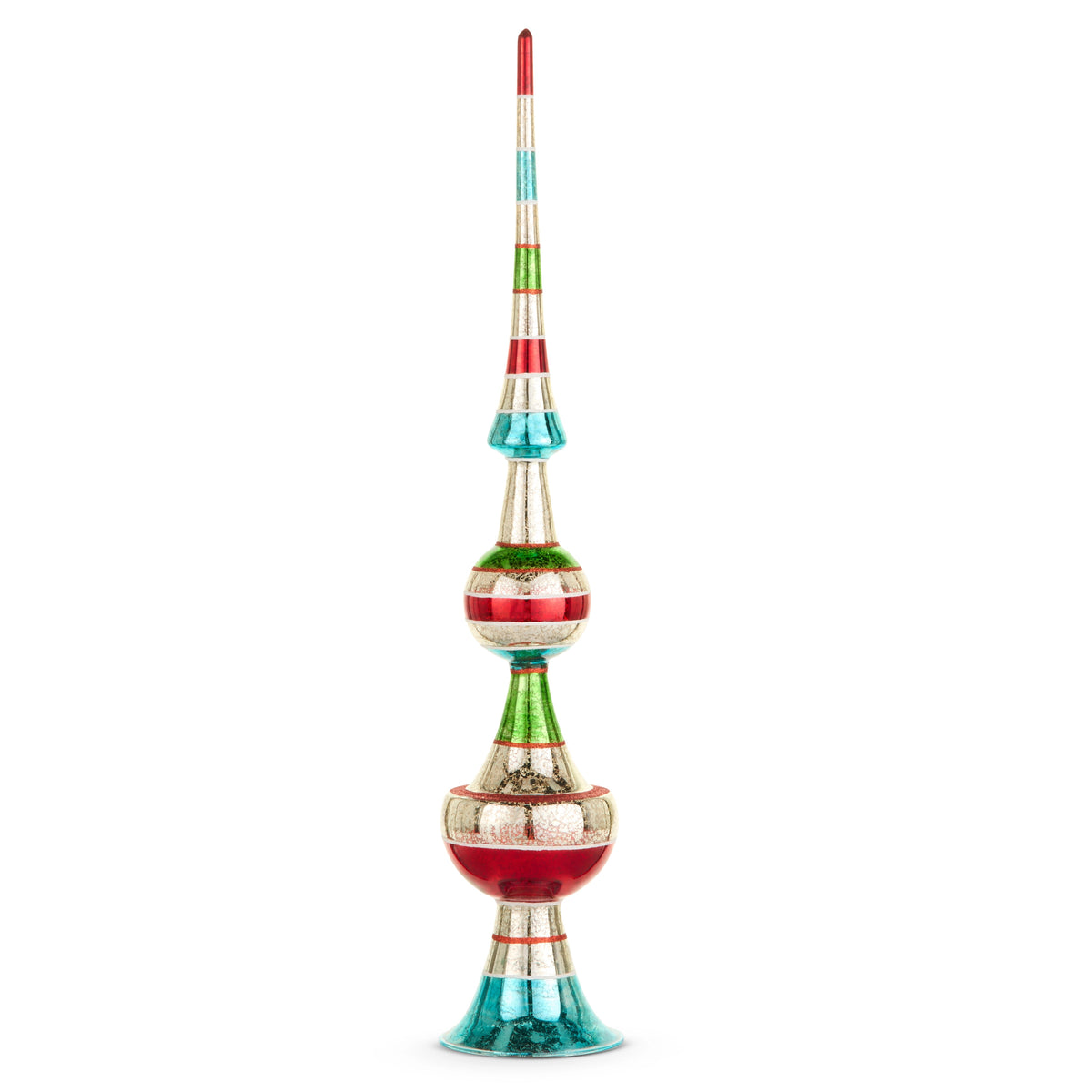 27-inch tall multicolor glass finial Christmas tree topper with red, green, and blue stripes.