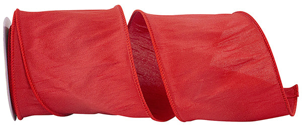 4-inch wide red dupioni ribbon with a wired edge for crafting and decorating.