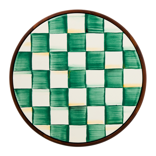 Hand-painted emerald check plate on a round acacia wood trivet base.