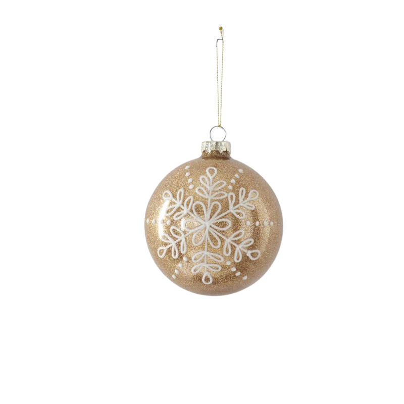 4.5-inch gold glittered glass round ornament with a white hand-painted snowflake design.
