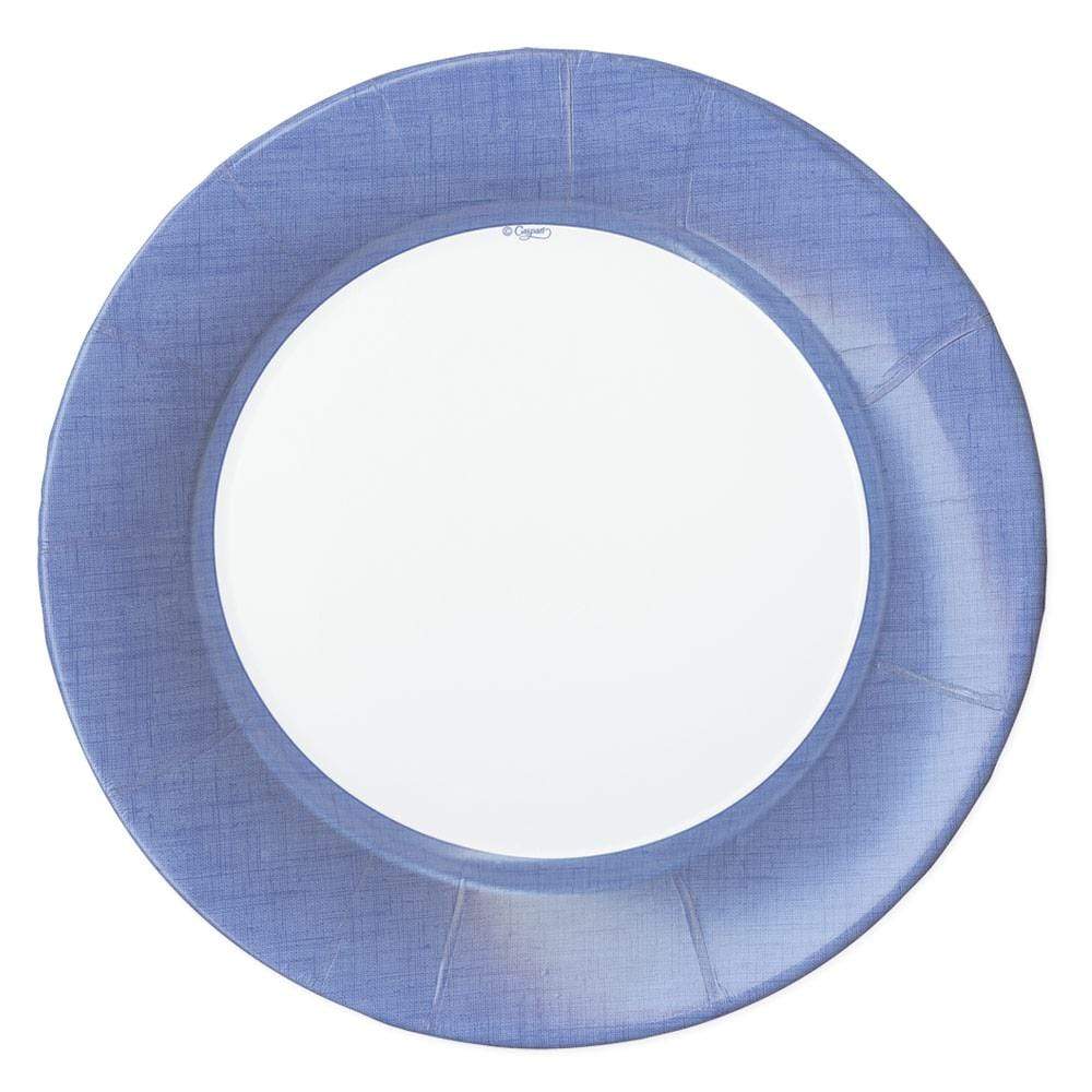Pack of eight blue linen-patterned paper dinner plates with a decorative border.
