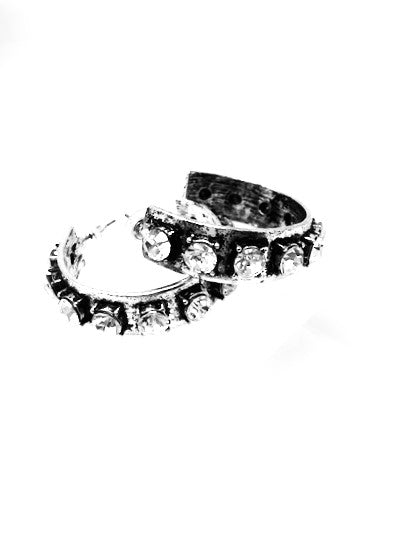 Silver C-hoop earrings featuring clear crystal rhinestones.