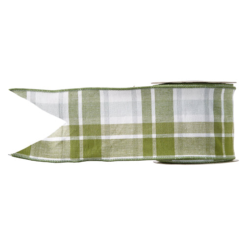 4 inch wide green and white plaid wired cotton ribbon on a spool.