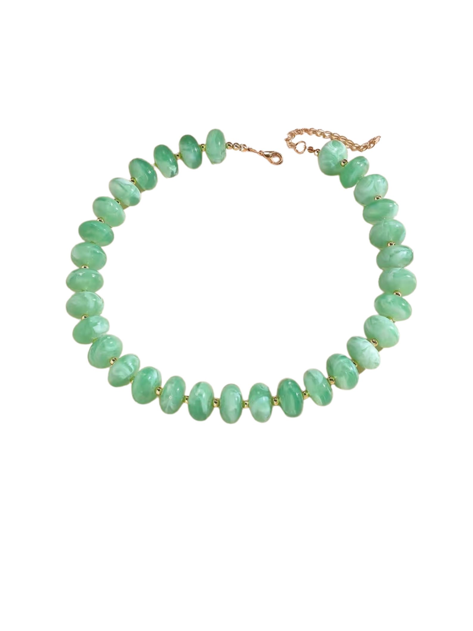 Gradient green beaded necklace with gold-tone spacers and an adjustable lobster clasp closure.