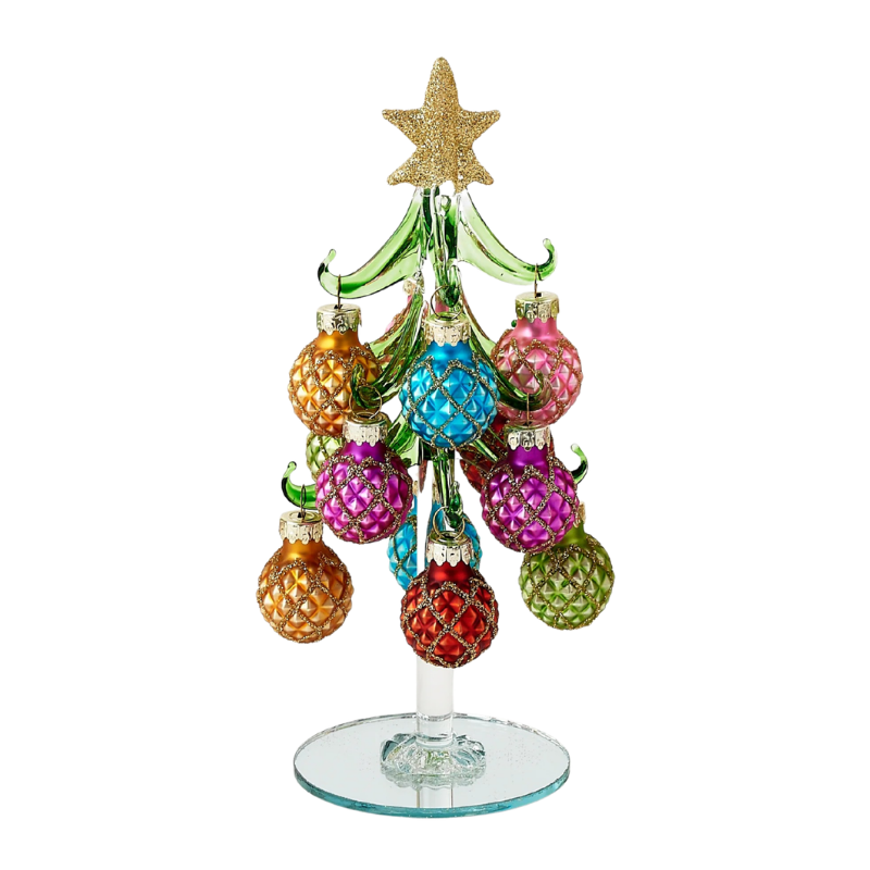 Handmade glass Christmas tree with colorful textured ornaments and a gold glitter star on top.