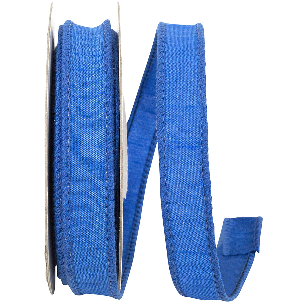 7/8 inch Royal Blue Dupioni Supreme Wired Edge Ribbon on a spool.