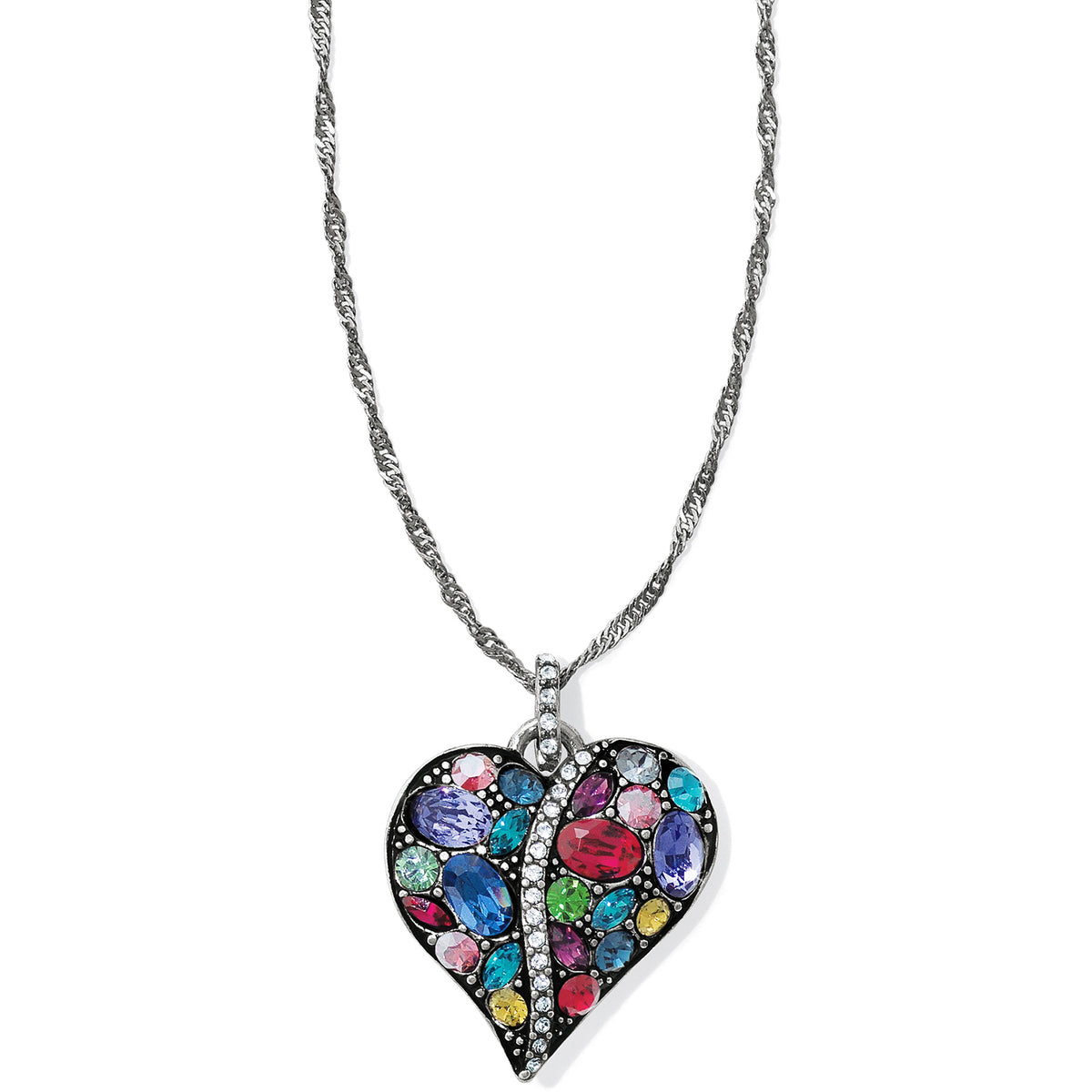 Silver plated adjustable necklace with a multi-colored crystal heart pendant featuring an engraved message.