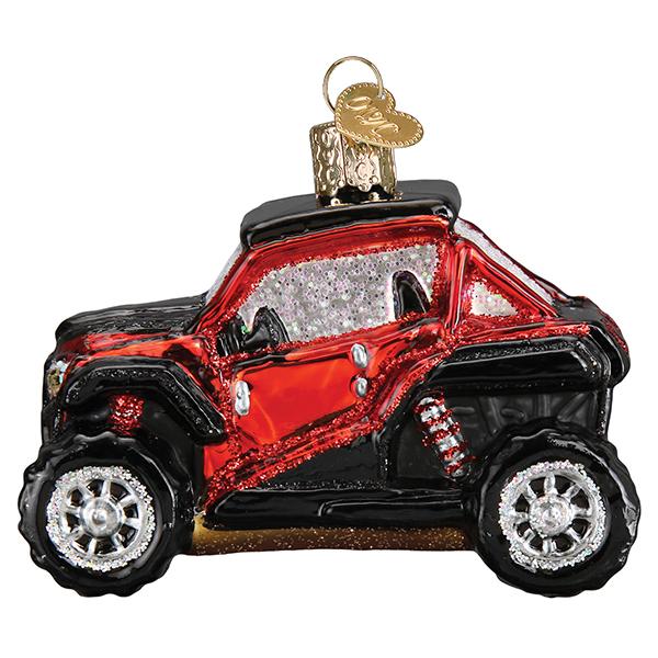 Red and black glass side-by-side ATV Christmas ornament with glitter accents and a gold heart tag.