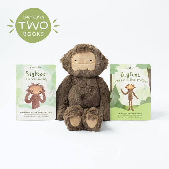 Self-Esteem Bigfoot Kin Set with a brown plush toy and two board books on a white background.
