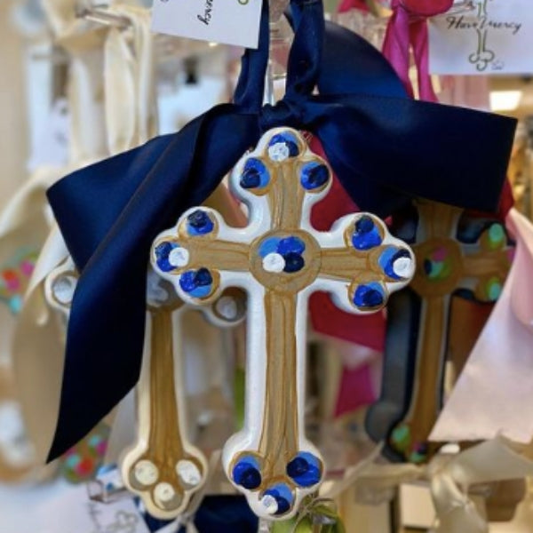 6-inch Hallelujah Cross made of gold-painted MDF with a satin bow