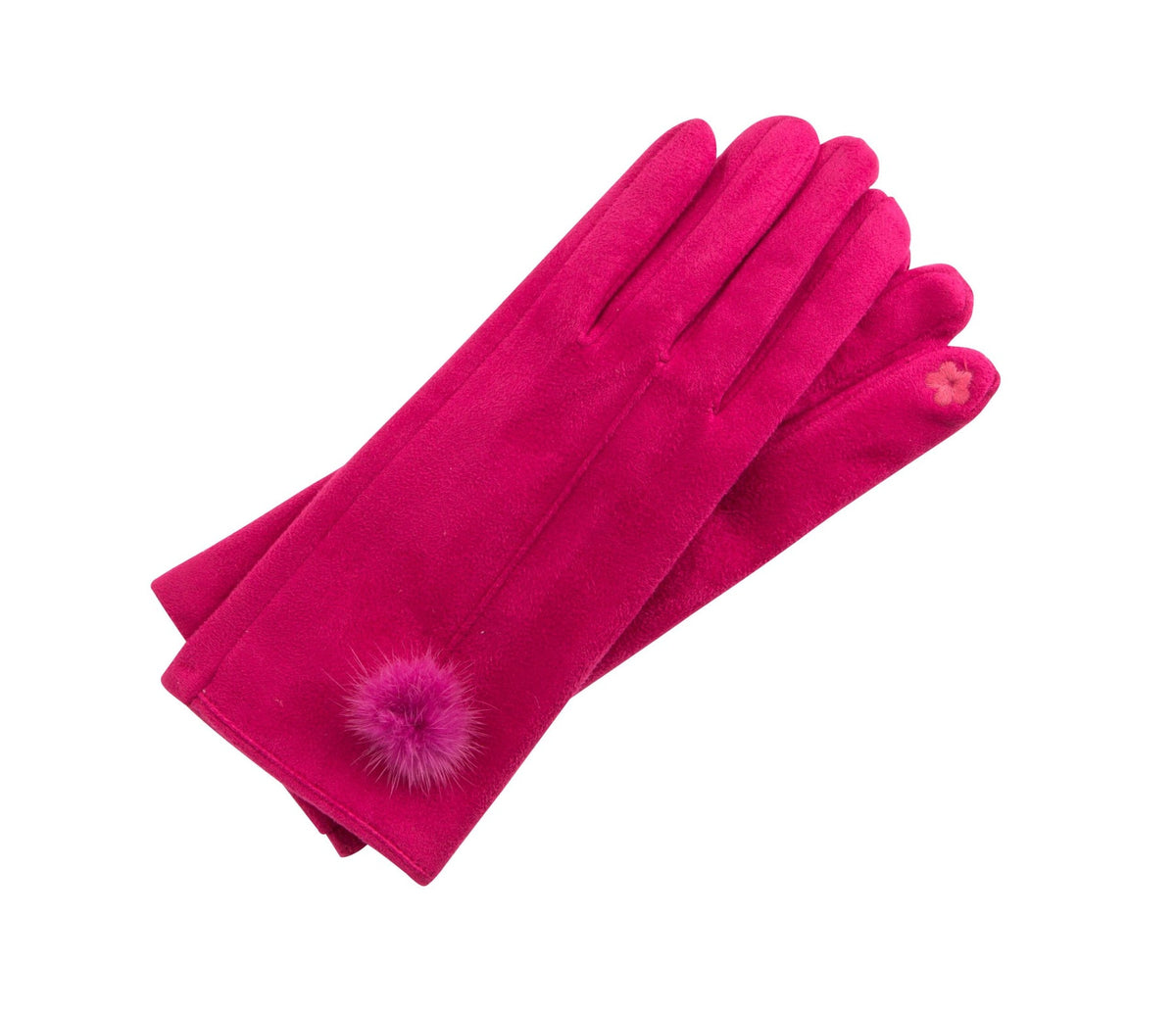 Black Ultrasuede touchscreen gloves with a fur ball detail on the fingertips.