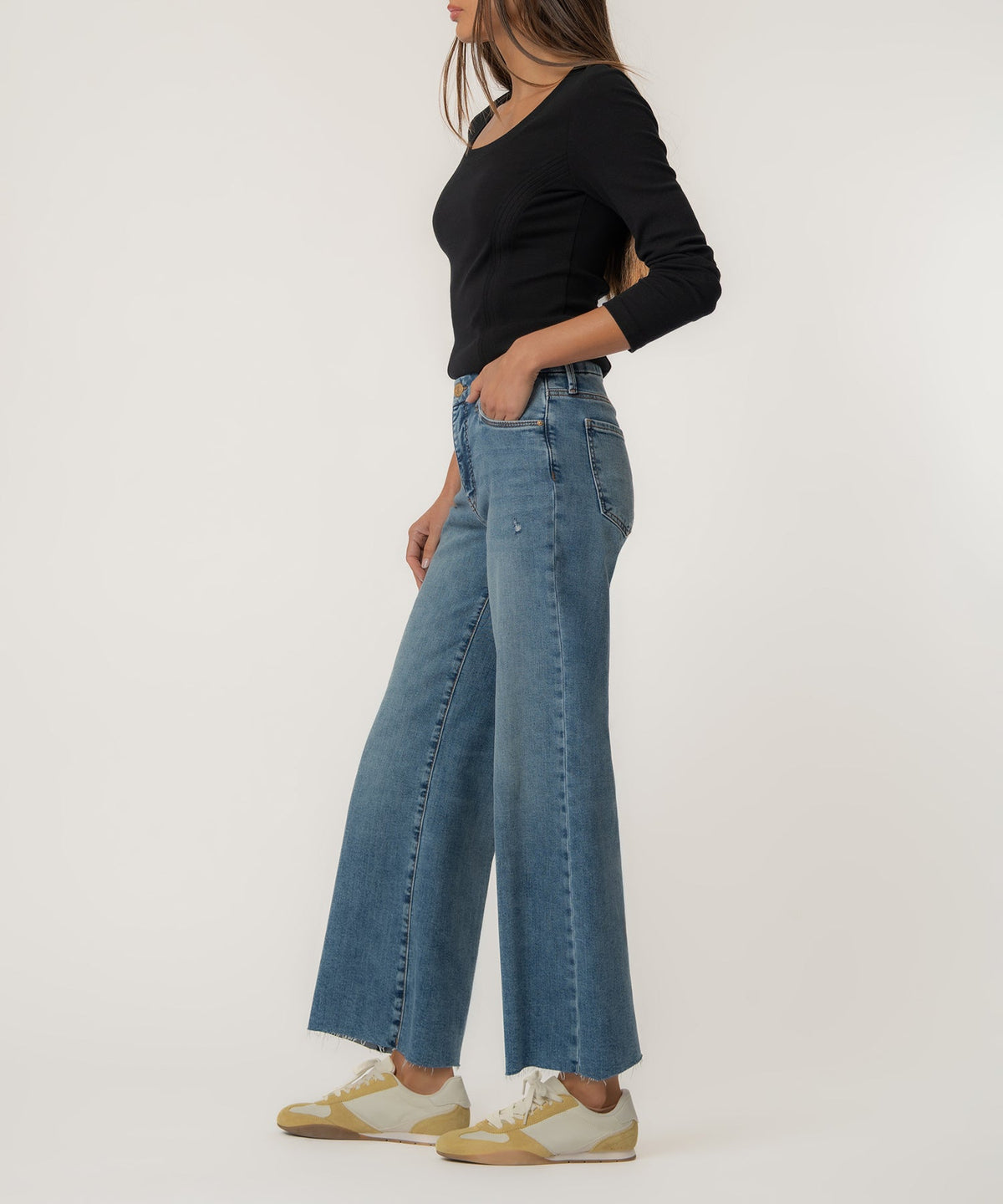 Meg high-rise wide-leg pants in raw hem cotton blend fabric