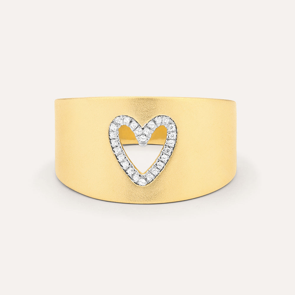 Wide 14k gold plated band ring featuring a diamond-encrusted heart cutout in the center.