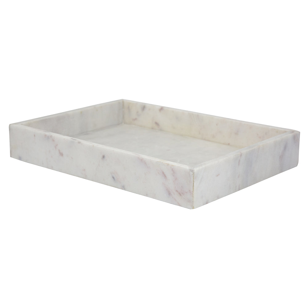 White marble tray with smooth rectangular shape measuring 14x10 inches.