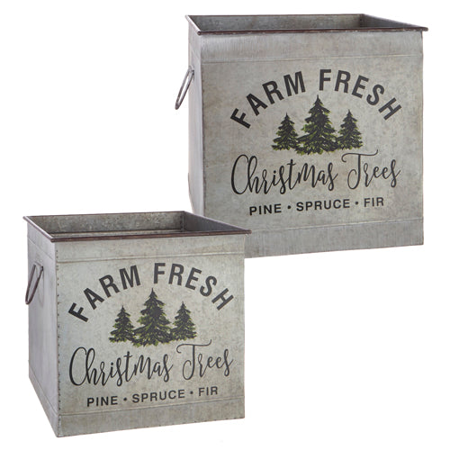 Square iron bucket with a rustic finish designed to hold Christmas trees.