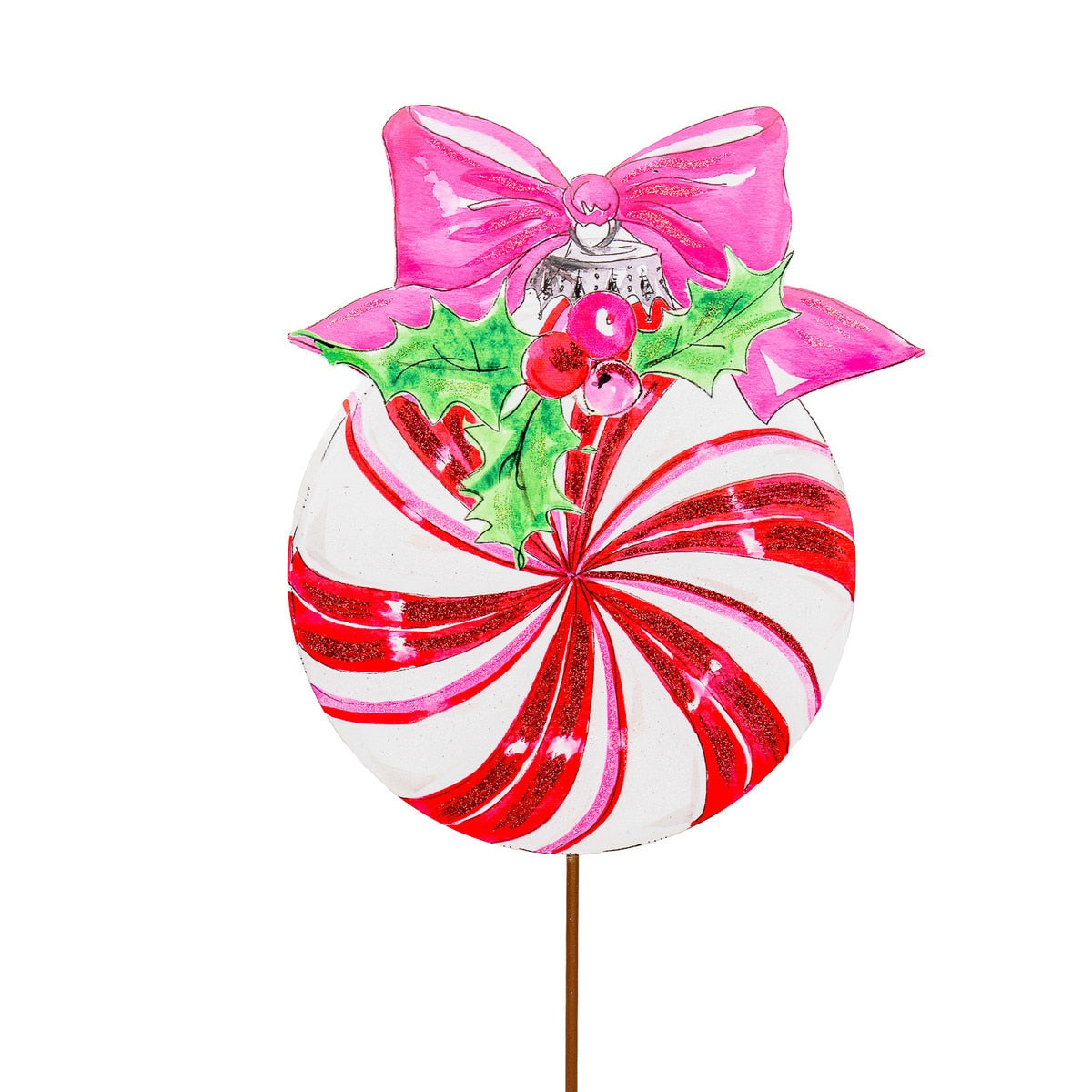 Beck's Vintage Candy Cane Ball stake ornament with red and white striped pattern