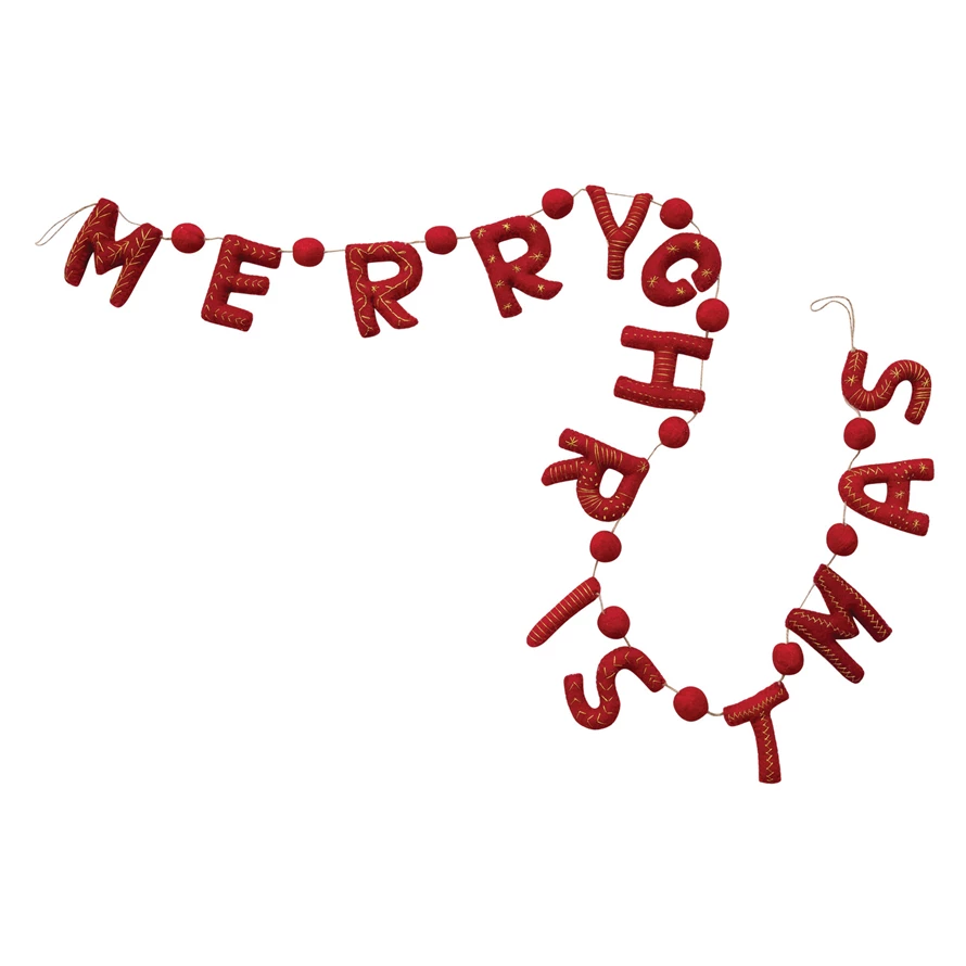 Red wool felt garland spelling "Merry Christmas" with red pom poms and gold embroidery.