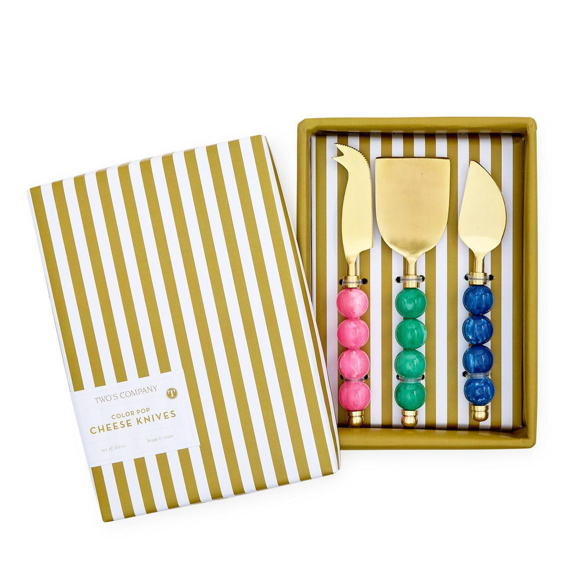 Set of three cheese knives with pink, blue, and green resin handles featuring stainless steel blades.