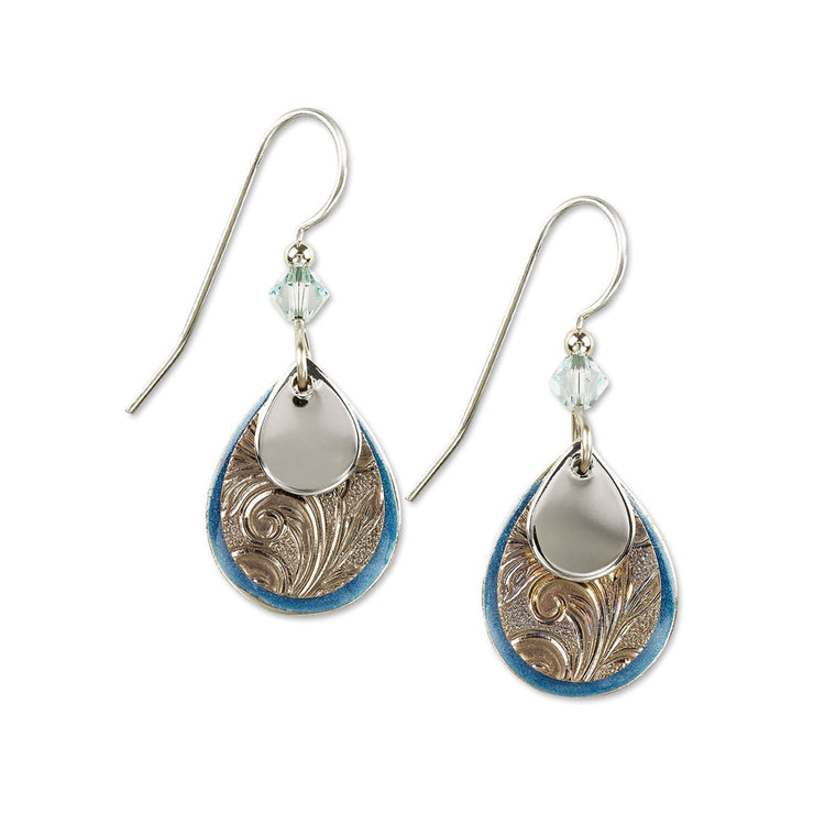 Silver Blue Triple Tears Earrings with layered teardrops, floral texture, and crystal accents.