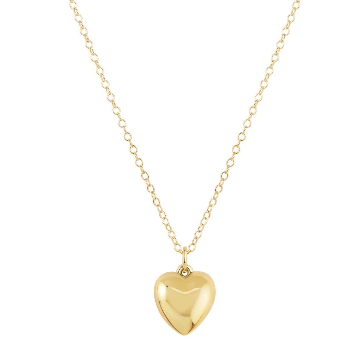 16-inch gold-filled chain necklace featuring a polished, puffed heart-shaped gold charm.