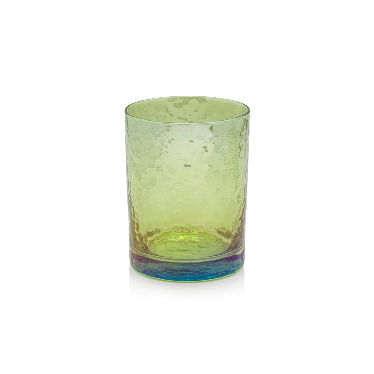 Aperitivo Rocks Glass made of textured green soda-lime glass with a blue and purple base.